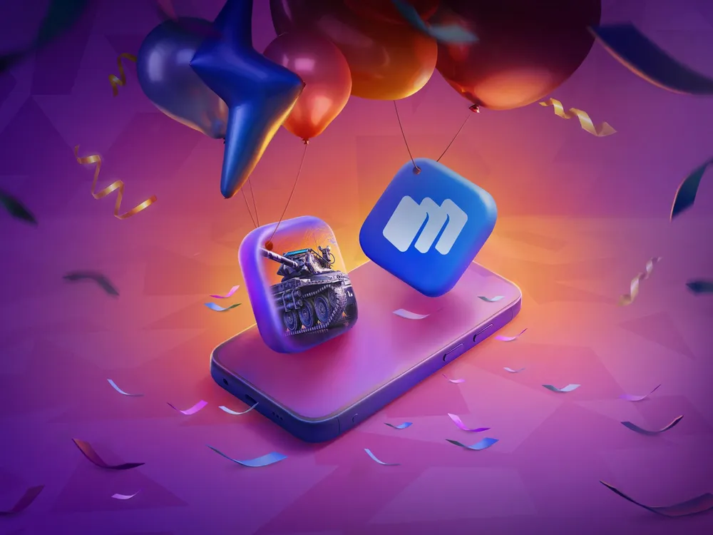 Иллюстрация с изображением смартфона, на котором находятся иконки приложений, окружённая воздушными шарами и конфетти на фоне с розовым градиентом.