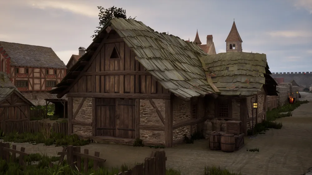 Изображение деревенского дома с деревянной конструкцией и крышей, расположенным в сельской местности.