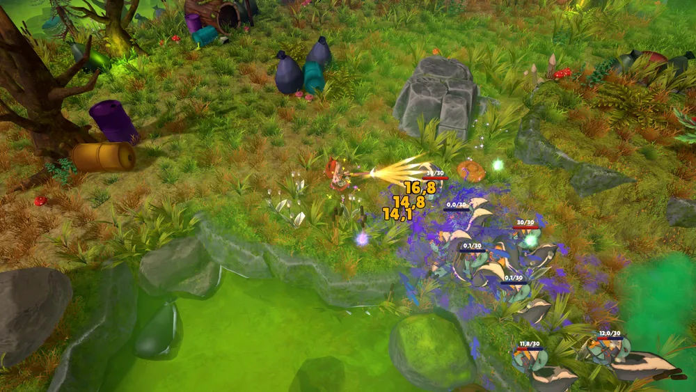 Изображение анимационного игрового процесса в лесной местности, персонаж взаимодействует с окружающей средой.