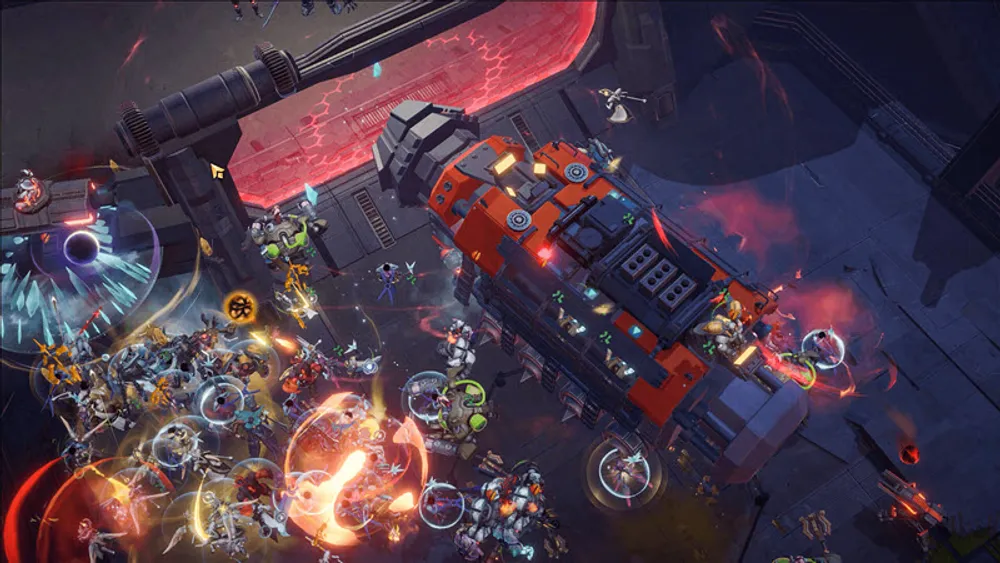 Изображение игрового процесса с научно-фантастическим кораблём и множеством персонажей. Сцена с лазерными эффектами и яркими цветами.