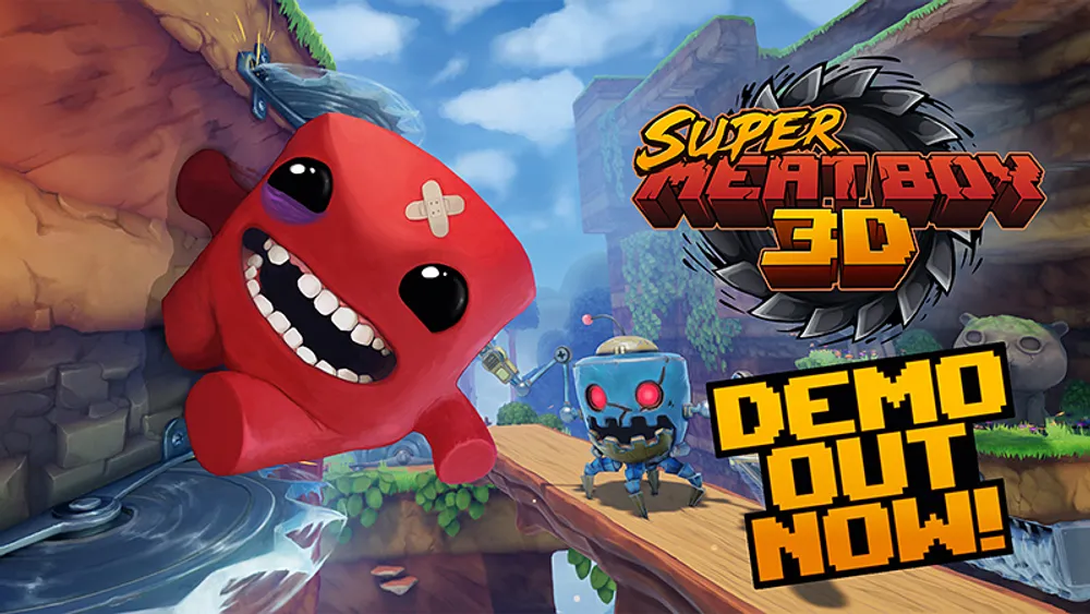 Изображение персонажей из видеоигры Super Meat Boy 3D, яркие цвета, анимационный стиль.
