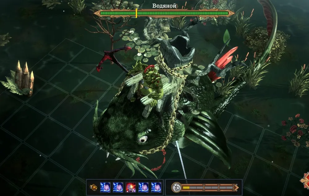 Изображение представляет собой игровую сцену с персонажем, находящимся на большом водном существе в окружении водной растительности.