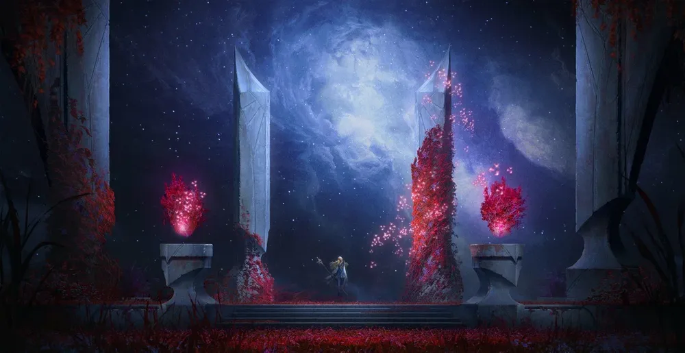 Изображение представляет собой художественную интерпретацию с элементами фэнтези, возможные архитектурные сооружения и яркие цветовые акценты.