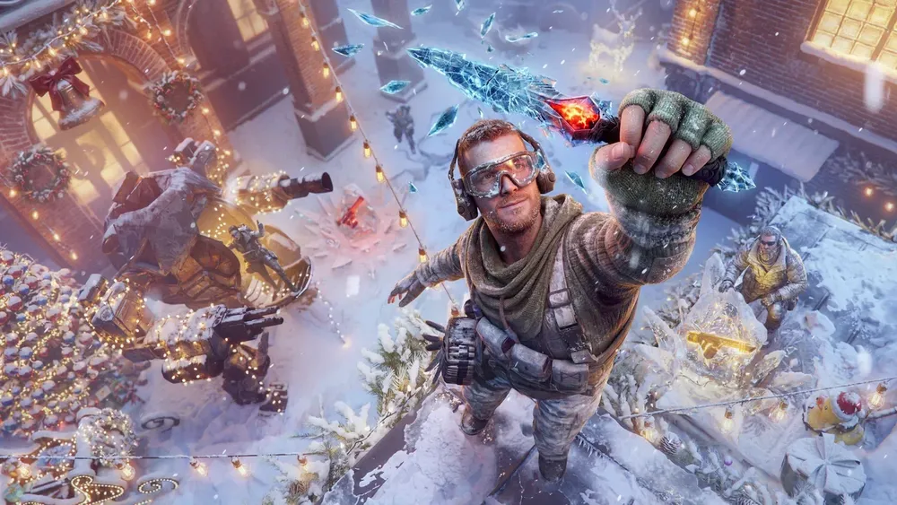 Изображение игрового персонажа в зимней обстановке с оружием, присутствуют элементы фэнтези и военной тематики.