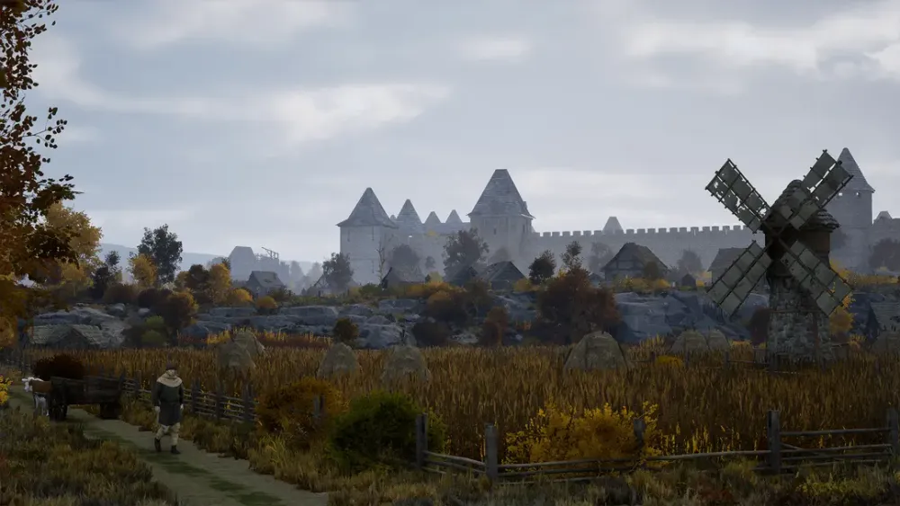 Пейзаж с мельницей, замком на фоне, осенние деревья и поля.