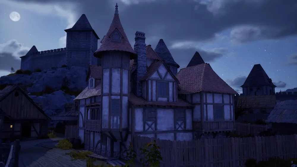 Изображение средневекового пейзажа с домами и замком на фоне ночного неба.
