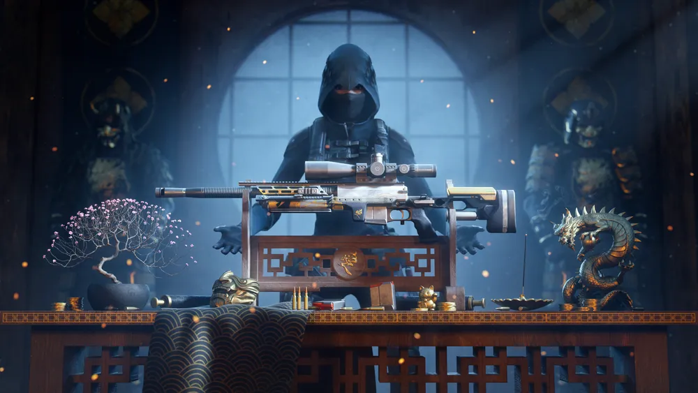 На картинке изображен человек в темной одежде, стоящий перед столом с оружием, в окружении статуэток и элементов декора.