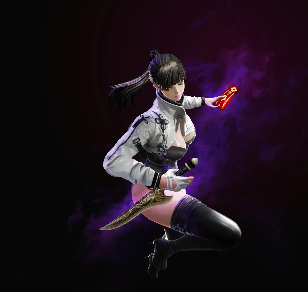 Изображение персонажа в аниме-стиле, одетого в короткую одежду и с оружием на фоне темного эффекта.