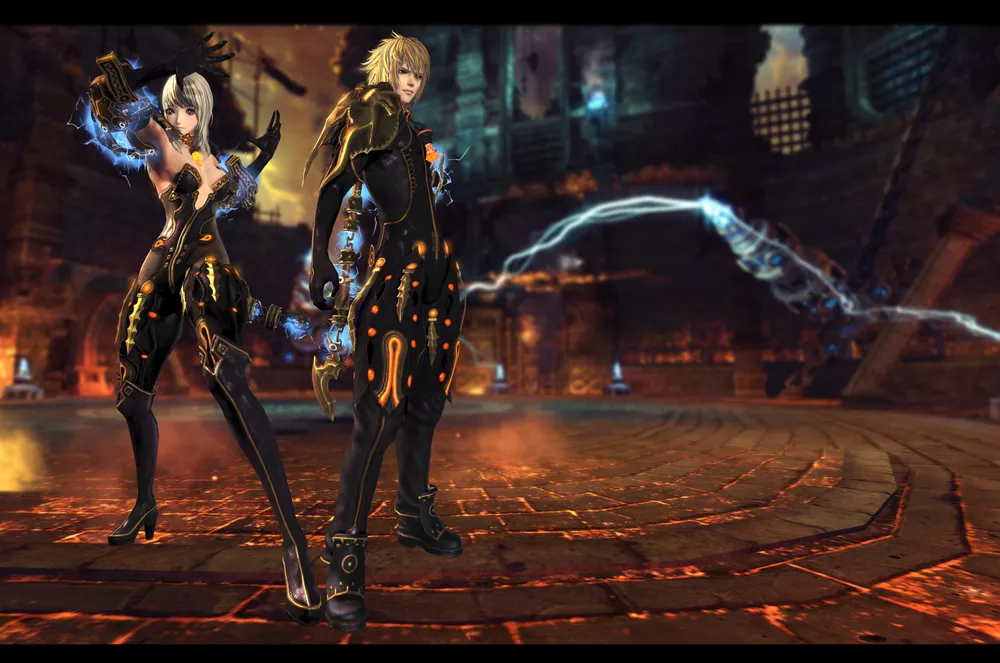 Два персонажа в боевой обстановке, фантастическая атмосфера и элементы магии.