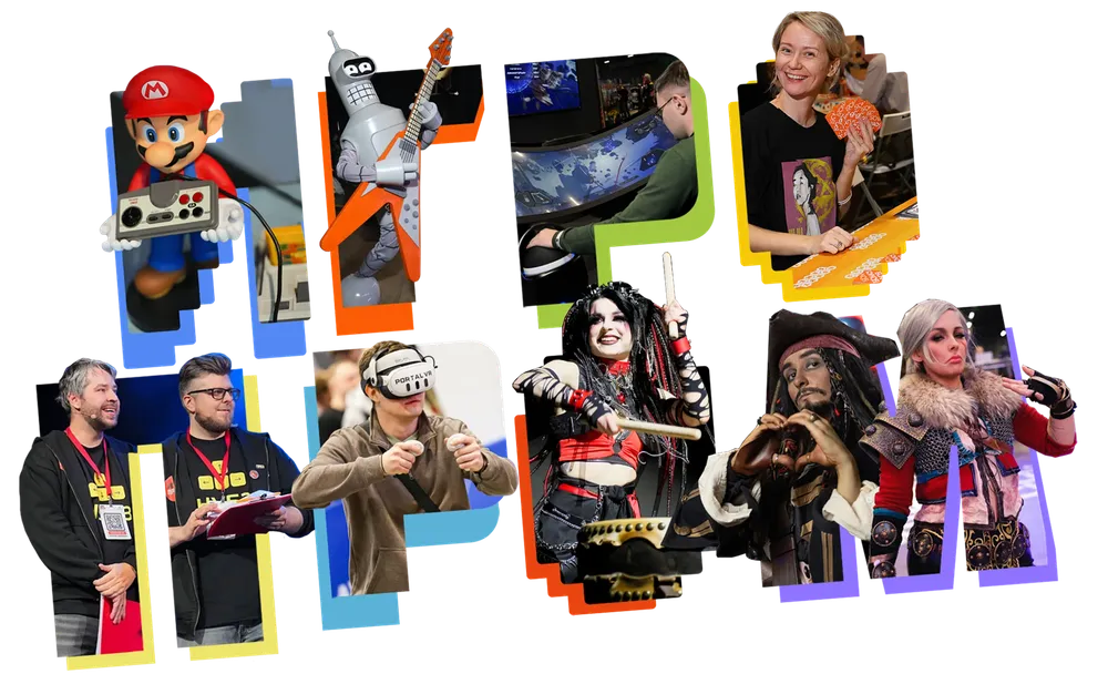 На картинке изображены различные персонажи и участники мероприятий, некоторые из них в костюмах. Также присутствуют элементы, связанные с видеоиграми и культурой комиксов.