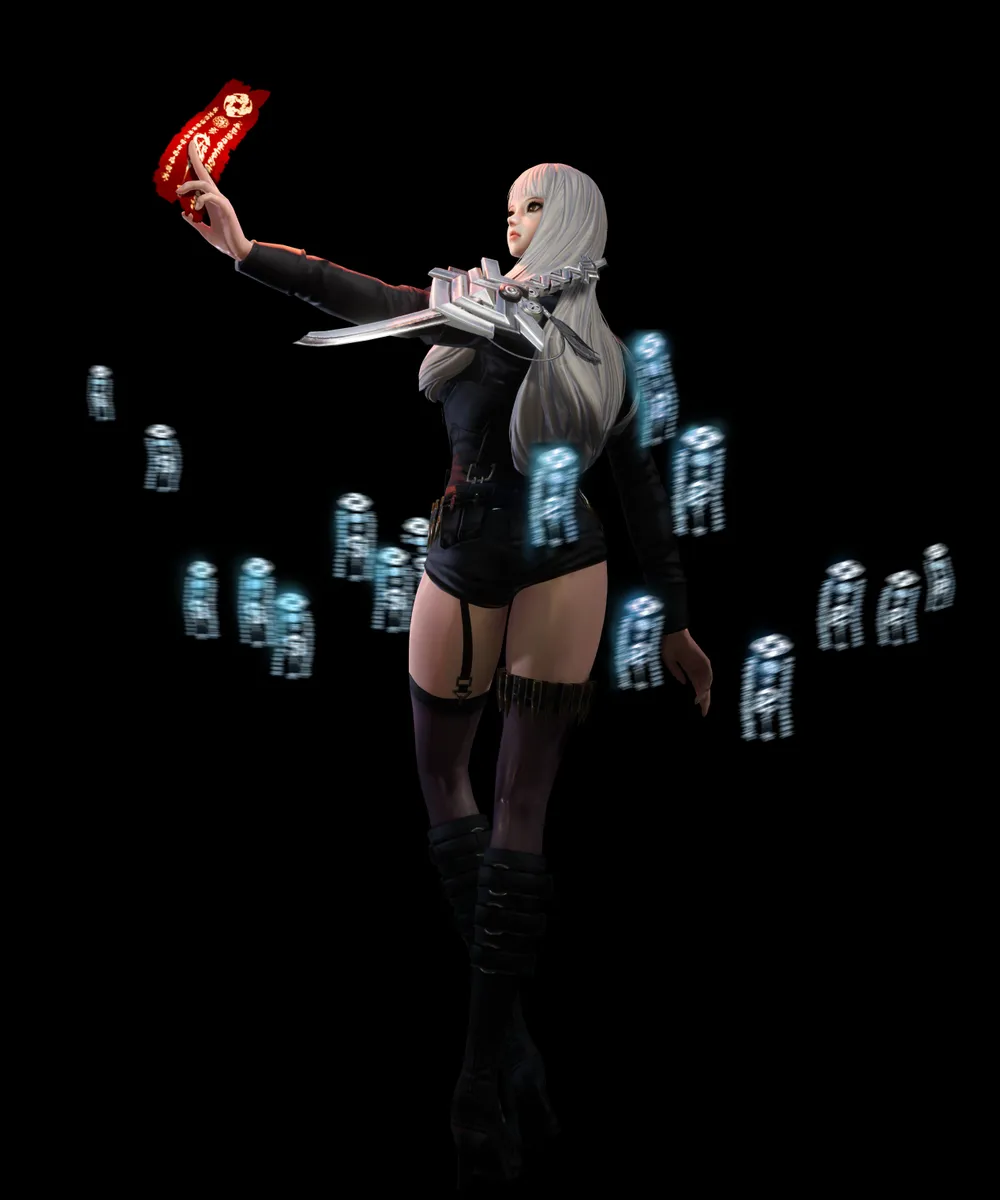 Изображение персонажа в костюме с длинными волосами, держащего предмет, на фоне темного пространства. Вокруг персонажа находятся светящиеся объекты.