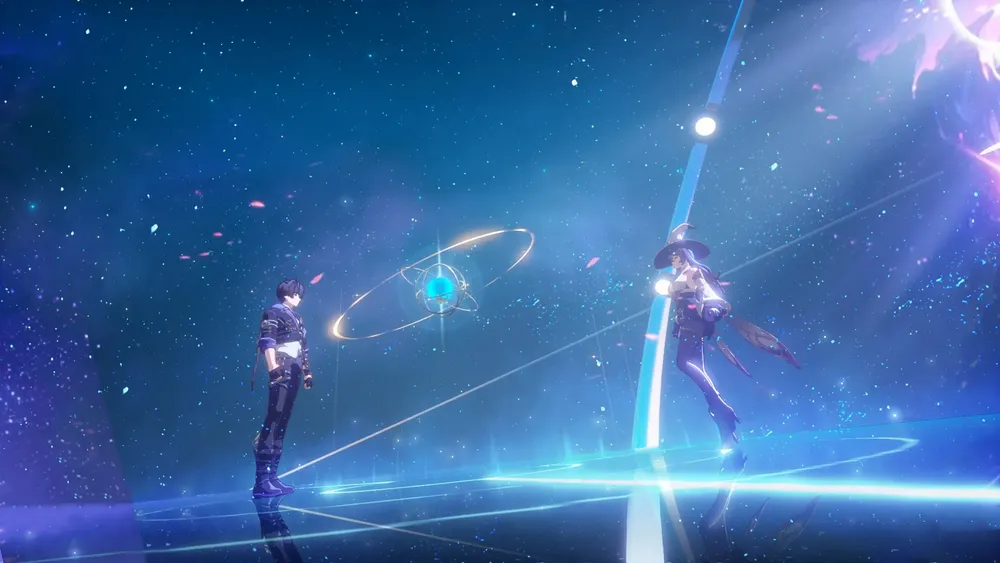 Два персонажа в анимированном космическом окружении, визуальные эффекты и космические элементы.