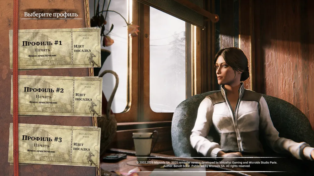 Изображение персонажа в интерьере, на фоне окна. Текстовые элементы с выбором профиля.