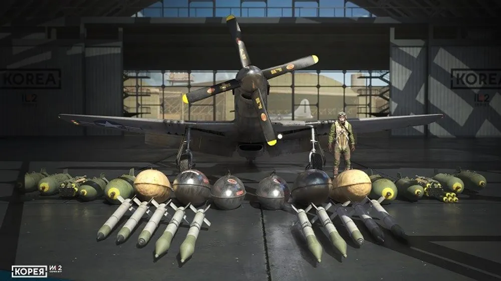 На картинке изображён военный самолёт и различные типы бомб, расположенные в ангаре.