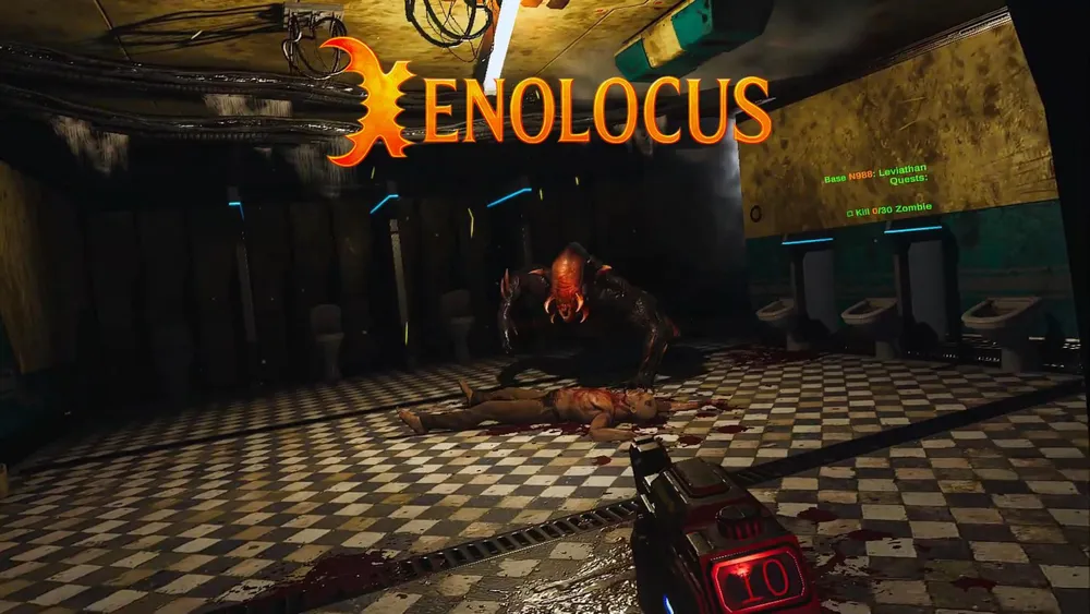 Сцена из игры с монстром и телом на полу в темном помещении.
