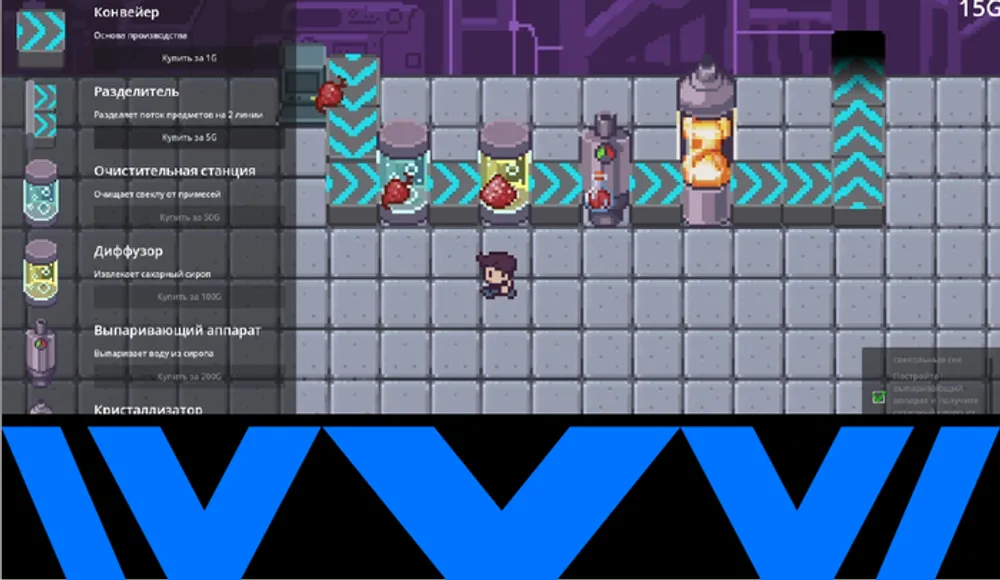 Изображение представляет собой скриншот из видеоигры, на котором видно игровое поле и персонажа в пиксельной графике. Отображены элементы интерфейса и игрового окружения.