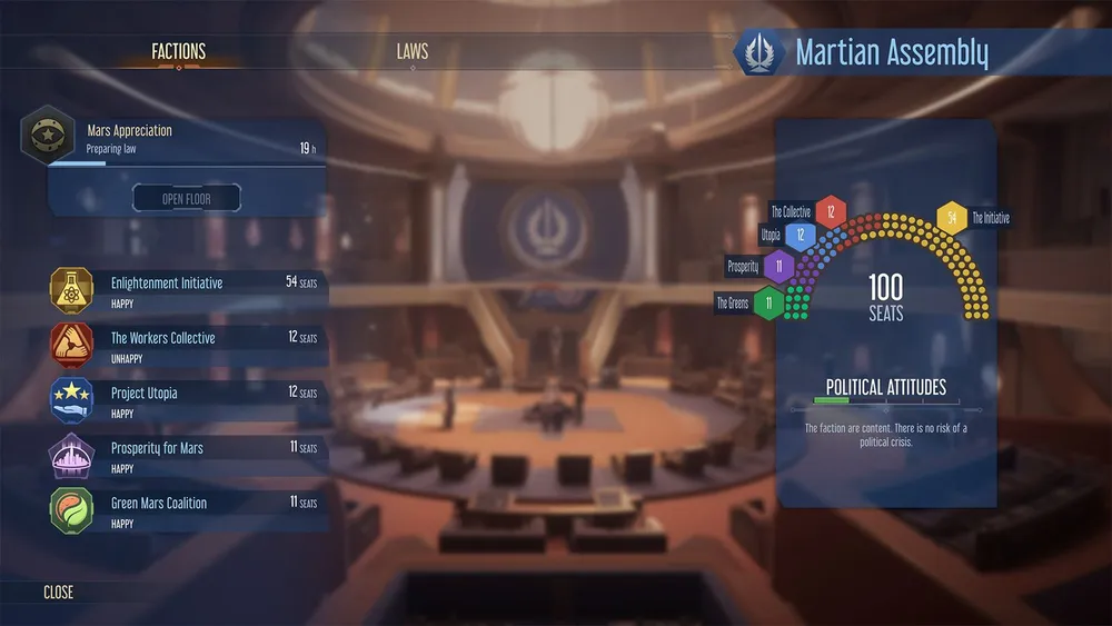 Изображение интерфейса игры, на котором отображаются действия и политические установки в контексте марсианского собрания.