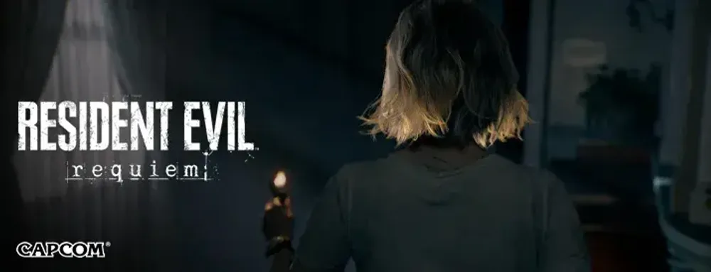 Изображение из видеоигры Resident Evil, на котором показан персонаж с фонарём, вид сзади.