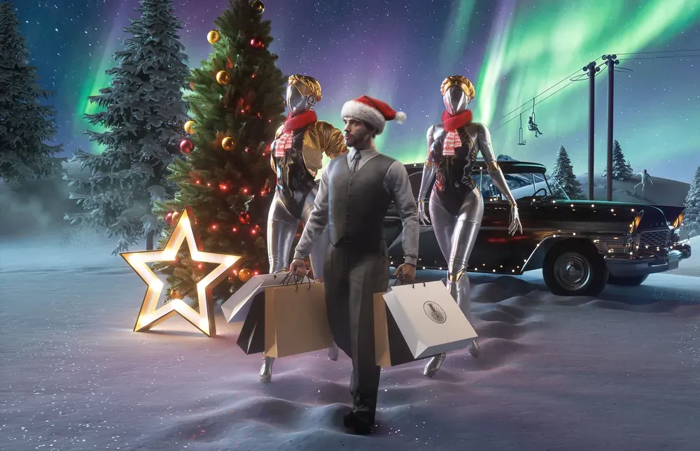 На изображении человек в костюме с подарками, рядом с ним две фигурки, одетые в откровенные наряды, фон с новогодней елкой и северным сиянием.