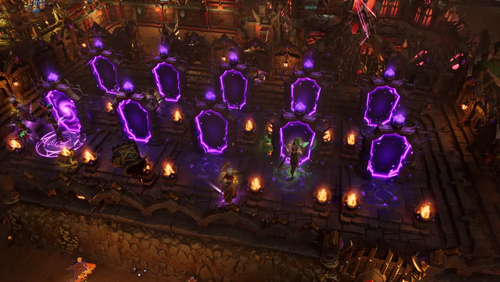 Изображение из видеоигры, вероятно, с элементами фэнтези, с порталами и огнями.