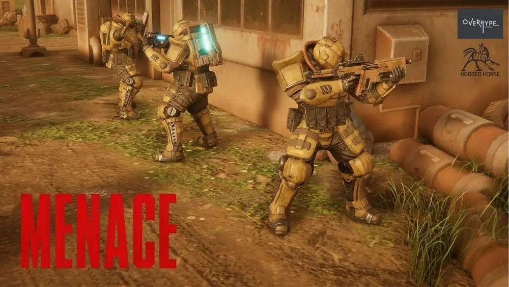 Изображение трёх персонажей в броне с оружием, на фоне здания. Тема военного действия, но без явных признаков насилия или запрещённого контента.