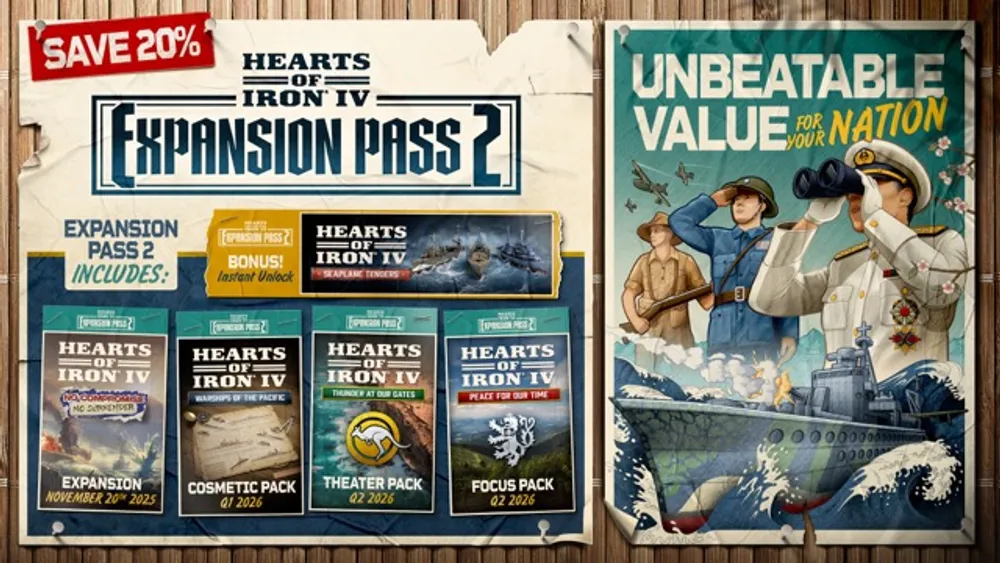 Изображение рекламирует расширение для игры Hearts of Iron IV, включает текст о скидке и наборе контента.