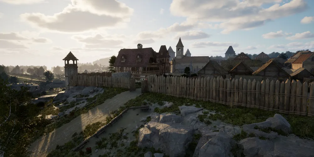 Изображение средневекового поселения с домами и защитной стеной, пейзаж с облаками и зеленью.