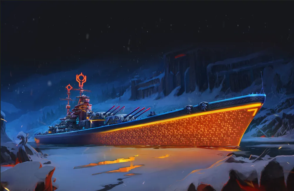 Изображение военного корабля в зимнем пейзаже, яркая подсветка, ночное небо.
