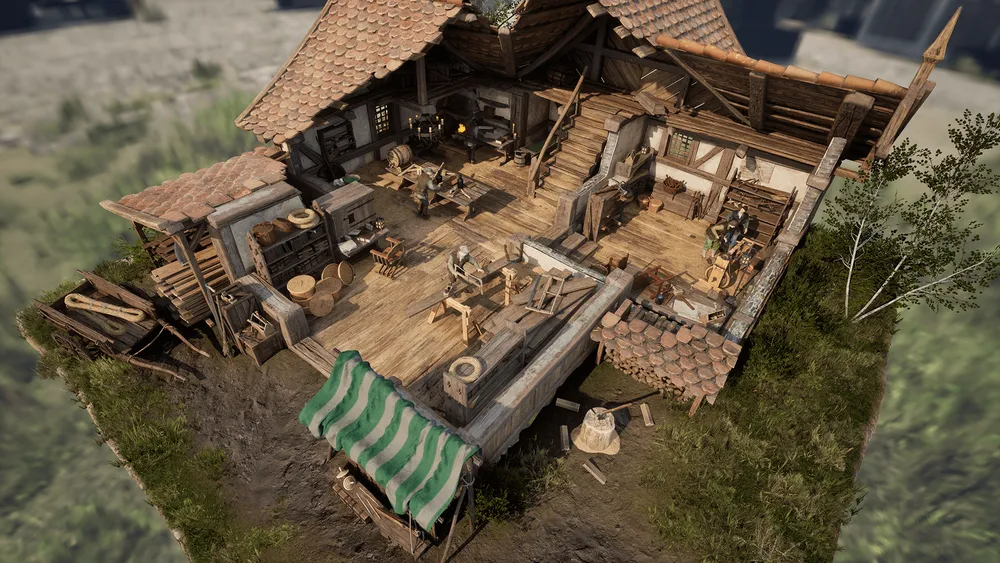 Изображение деревянного дома с внутренним убранством, мебелью и инструментами. Вид сверху.