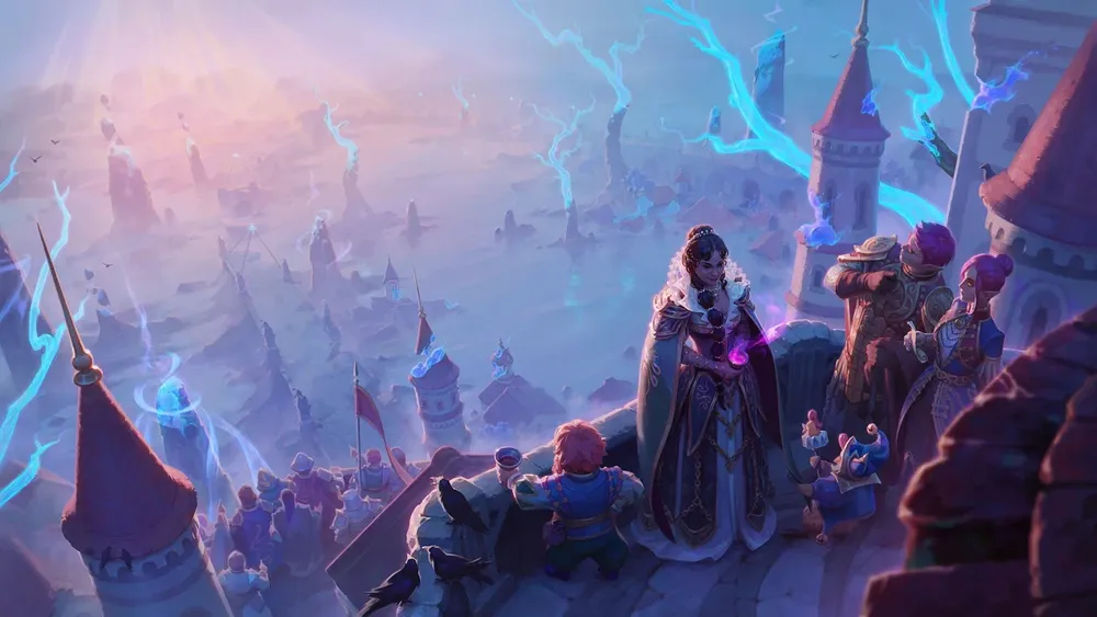 Изображение представляет собой художественную сцену с персонажами на фоне пейзажа с замками и молниями. Персонажи выглядят как фэнтезийные персонажи, связанные с магией.