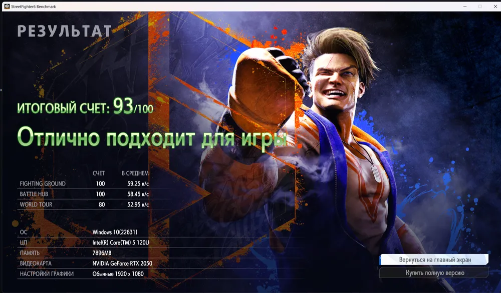 Изображение с результатами теста производительности компьютера для игр, с персонажем видеоигры и текстом на русском языке.