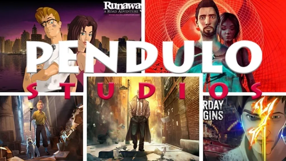 Изображение содержит логотип и арт-работы студии Pendulo Studios, включая персонажей из видеоигр.