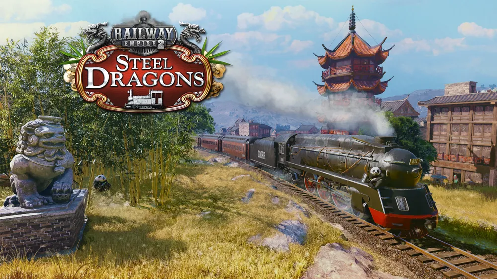 Изображение поезда, ландшафта и логотипа игры \