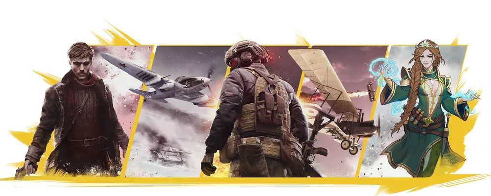 Изображение представляет собой коллаж с персонажами и военной тематикой, возможно, из видеоигры, изображены солдаты, самолеты и магические элементы.