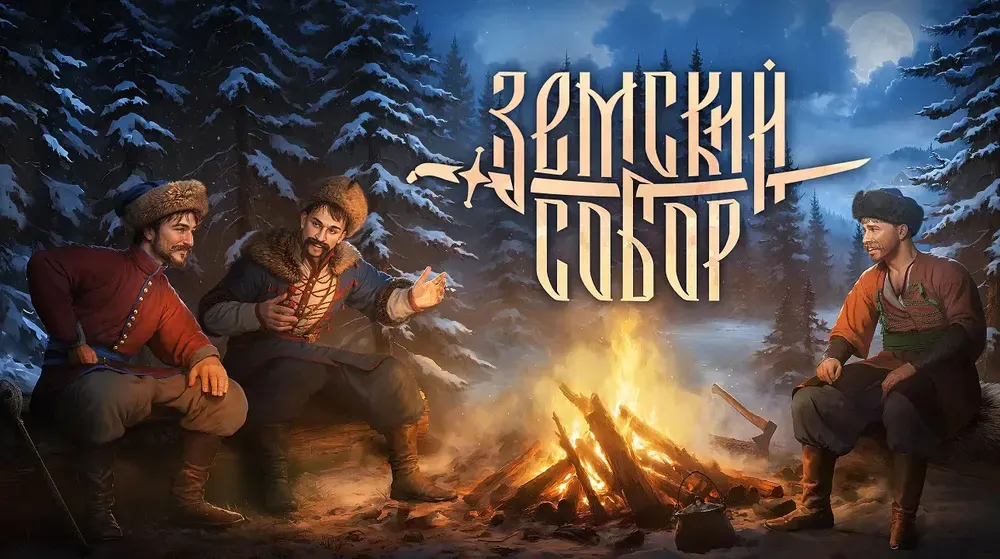 Изображение трёх мужчин, сидящих у костра в зимнем лесу. Название \