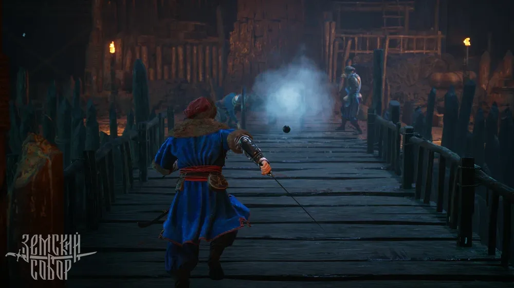 Изображение из видеоигры, персонажи в исторической обстановке, мост и дым.