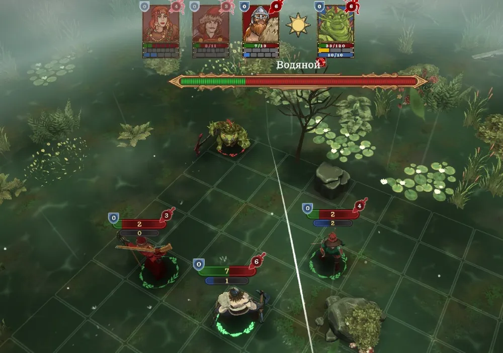 Изображение из видеоигры, показывающее боевую сцену с персонажами и игровым полем, окружённым растительностью.