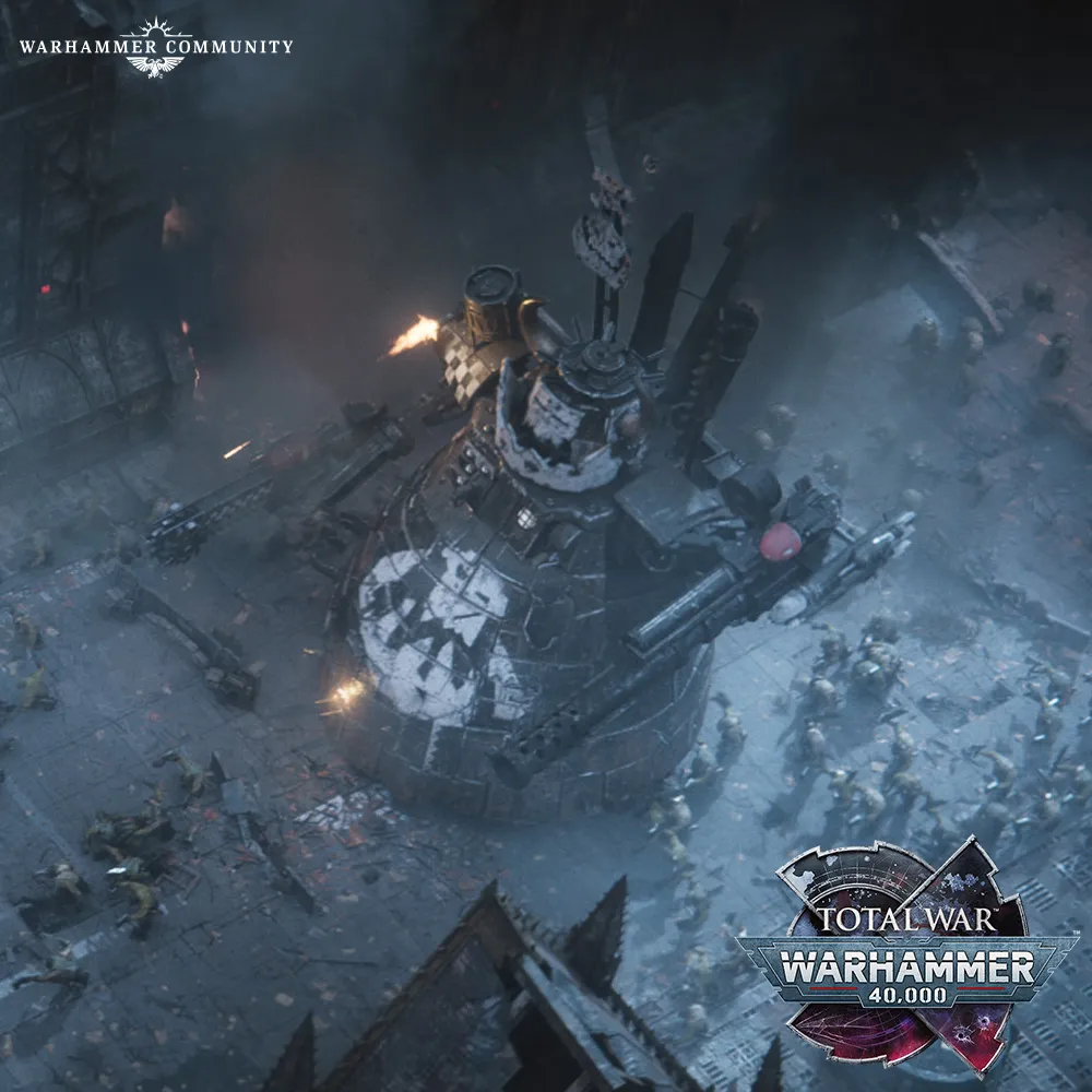 Изображение игровой сцены из Total War: Warhammer 40,000, показывающее военные действия и стратегическую карту. Вид сверху на разрушенный город с военной техникой.