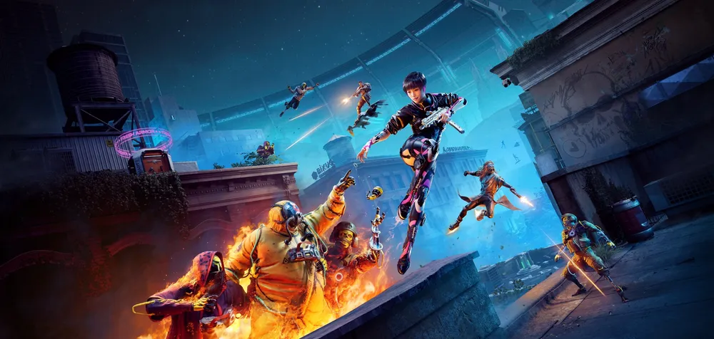 Сцена с людьми в боевых действиях, яркие цвета, элементы фантастики, действия в окружении разрушенных зданий.