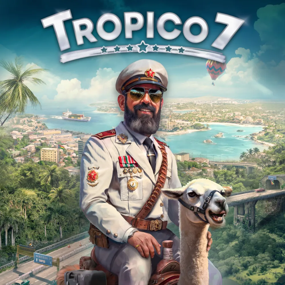 Изображение персонажа из видеоигры Tropico 7, сидящего на ламе на фоне тропического пейзажа.