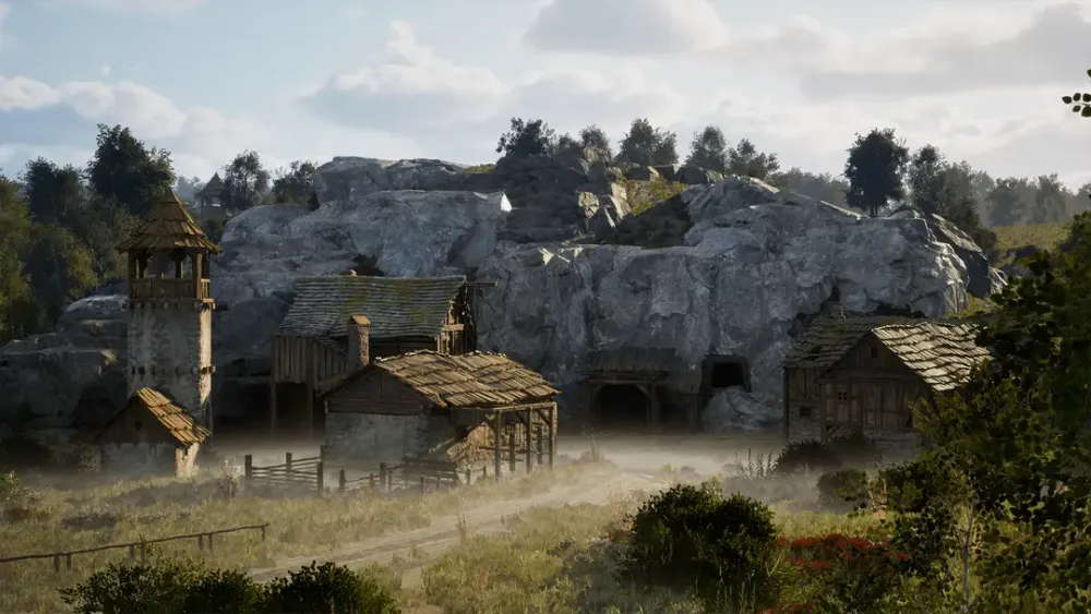 Пейзаж с деревней, каменными скалами и домами на фоне неба.