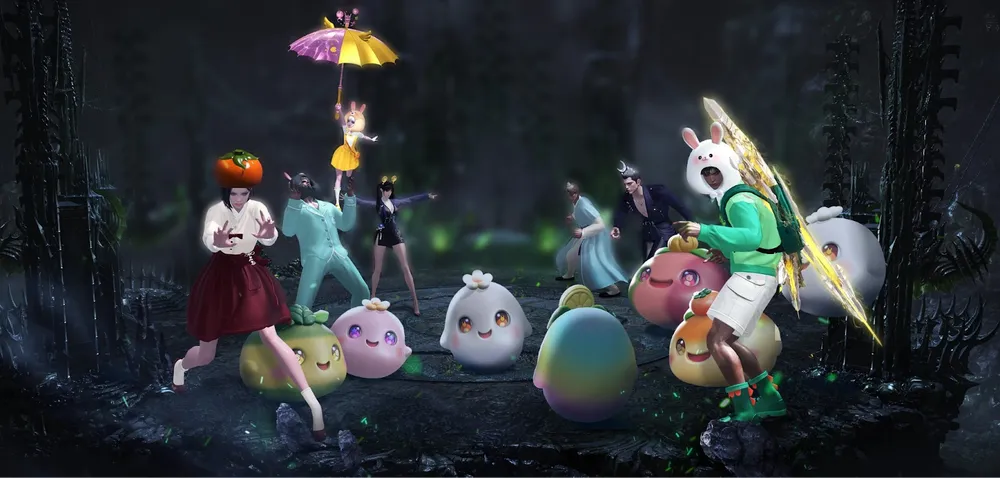 На картинке изображены персонажи в анимационном стиле, некоторые с необычными элементами, такими как зонтики и овощи. Сцена выглядит яркой и волшебной.