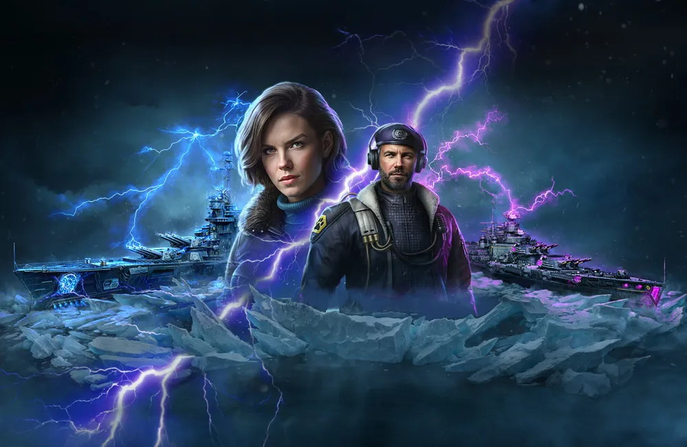 Изображение с персонажами на фоне военной тематики, стилизованное под научную фантастику с молниями и кораблями.