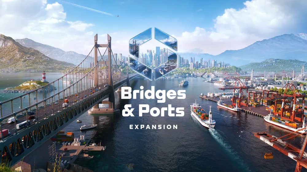 На картинке изображён пейзаж с мостом и портом, а также текст "Bridges & Ports EXPANSION".