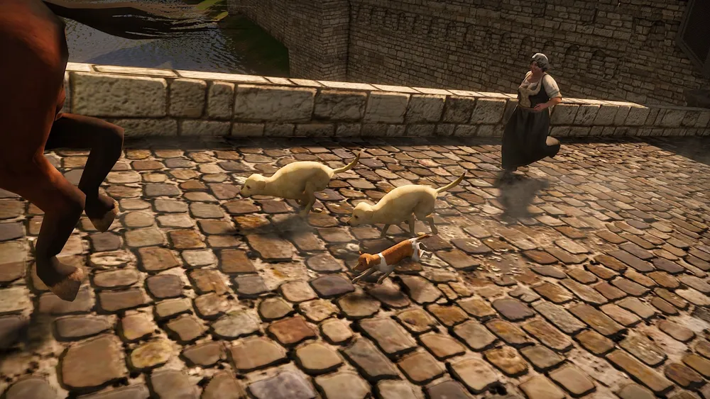 На изображении видны животные и человек, возможно, в историческом контексте. Сцена на мостовой.