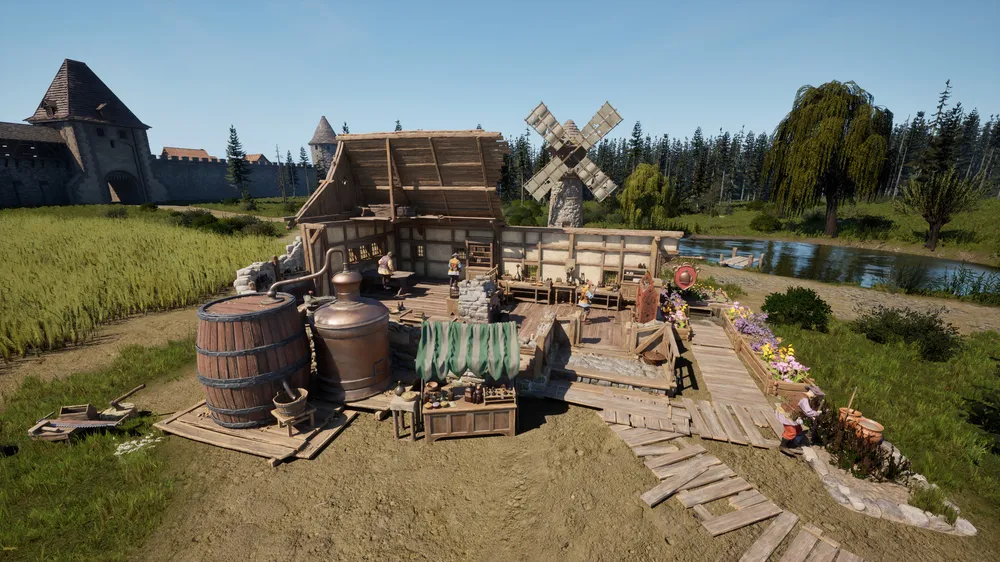 Изображение деревенской сцены с мельницей, постройками, бочками и растительностью.