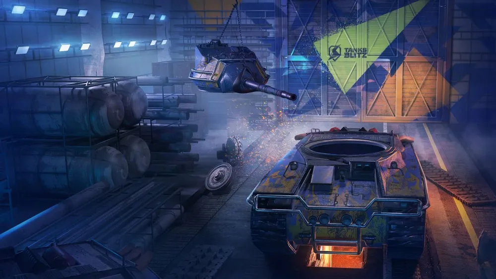 Изображение танка в ангаре, элементы военной техники и индустриальной среды.