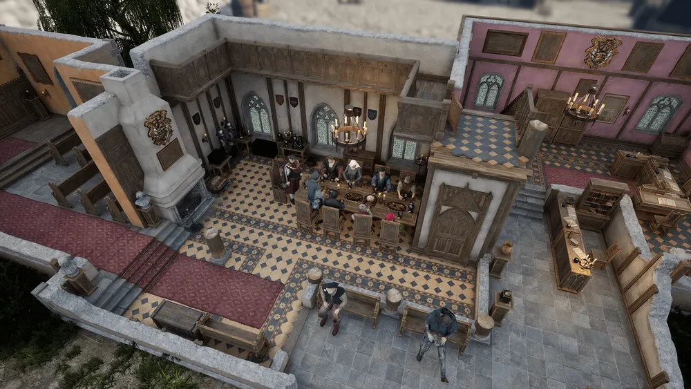 Интерьер здания, группа людей, мебель, освещение, архитектура.