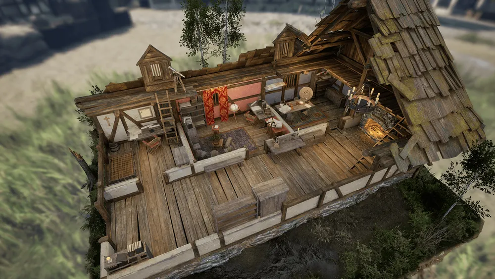 Изображение интерьера дома, деревянная постройка, кухня с мебелью и обстановкой, видно окно и окружающую природу.