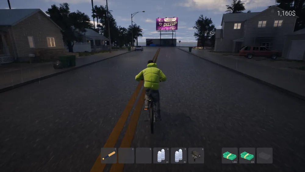 Изображение показывает человека на велосипеде в игровом окружении, улица с домами и рекламным щитом.